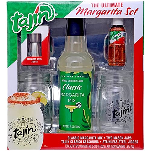 Ten Acre Gifts Tajin Margarita Mix Gift Set, Margarita Kit with Cocktail Mixer, Tajín Clasico Seasoning, 2 Mason Jars, and Stainless Steel Jigger