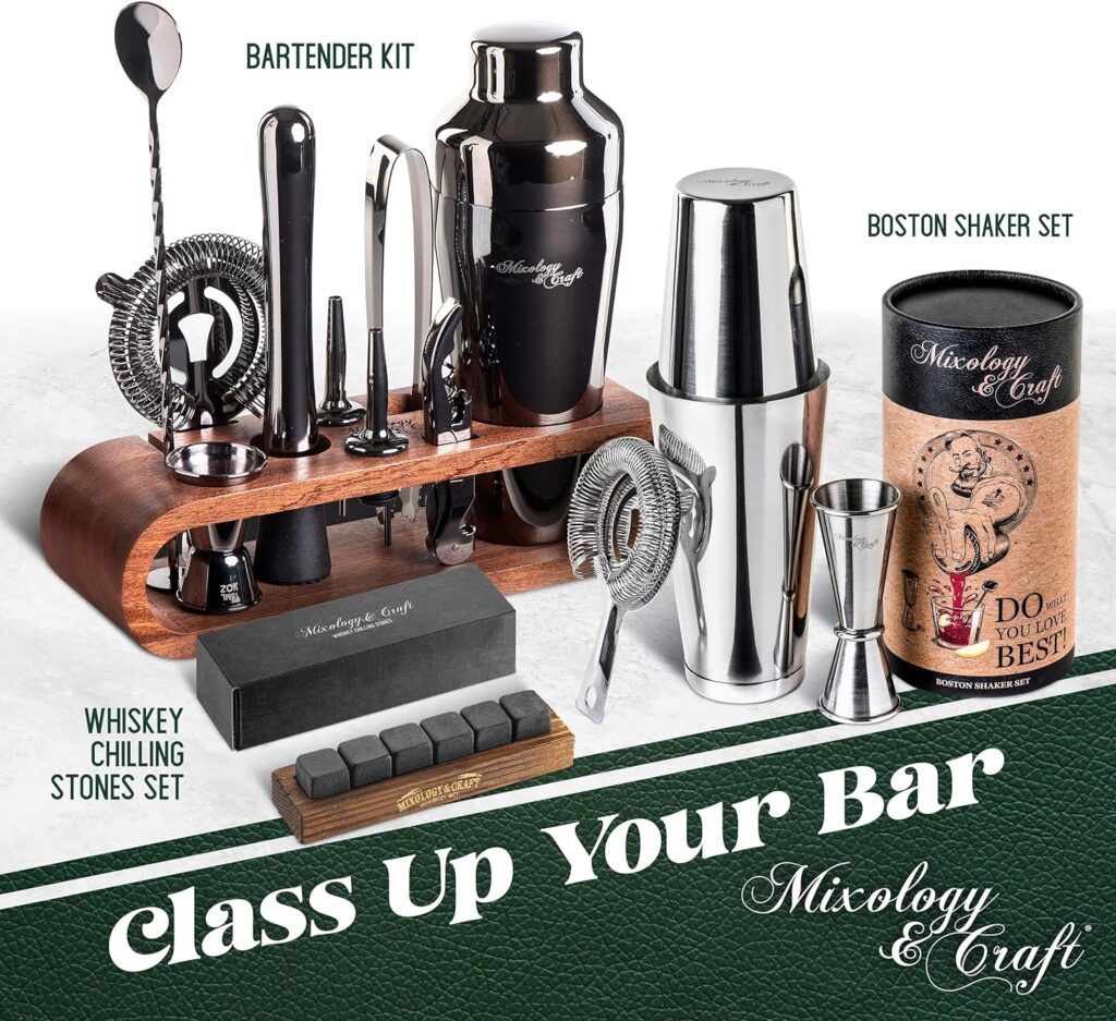 Mixology Bartender Kit: 10-Piece Bar Tool Set with Mahogany Stand | Perfect Home Bartending Kit and Martini Cocktail Shaker Set for a Perfect Drink Mixing Experience | Housewarming Gift (Gun-Metal)