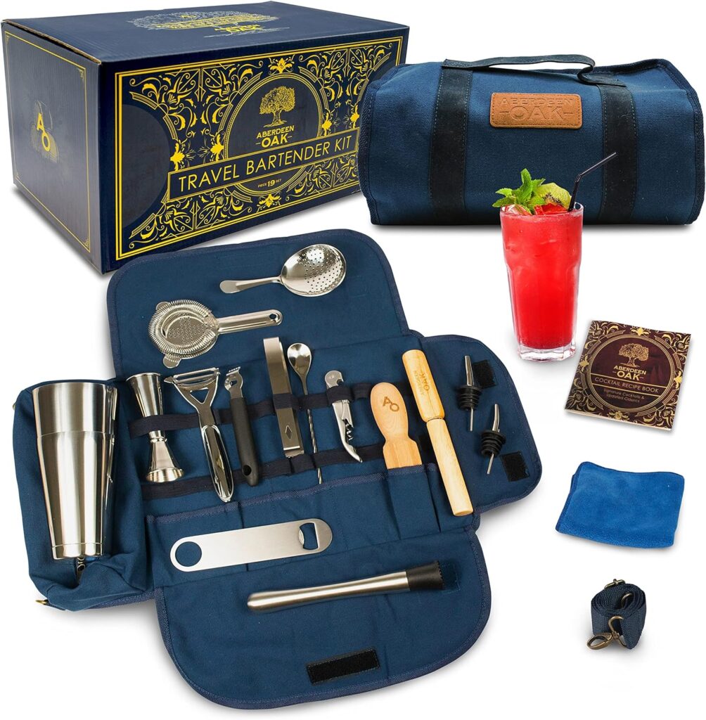 Aberdeen Oak Deluxe Travel Bartender Kit - Compact  Durable Mixology Set with Stainless Steel Bar Tool Essentials - Premium, Organized Portable Case for The Nomadic Cocktail Enthusiast