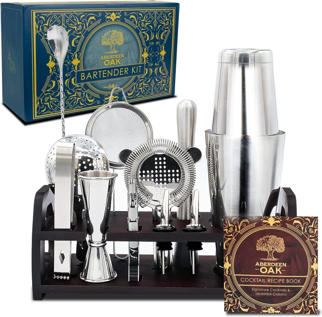 Aberdeen Oak Mixology Bartender Kit - Extra Thick Stainless Steel Cocktail Shaker Set for Mixing - Includes XL Boston Shaker  Premium Bamboo Stand - Professional Bar Tools for The Home Mixologist
