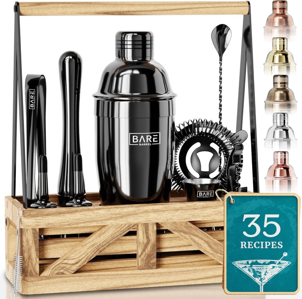 BARE BARREL® Mixology Bartender Kit Bar Set | Martini Cocktail Shaker Set | Barware Mixing Tools for Home Bartending | Farmhouse Rustic Portable Caddy  35 Recipe Cards | Gift Set (Brass)