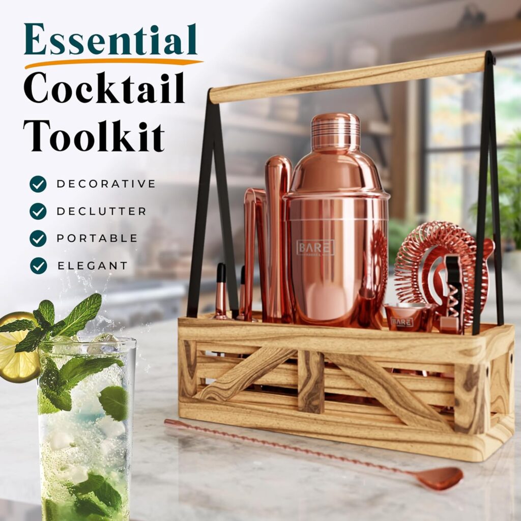 BARE BARREL® Mixology Bartender Kit Bar Set | Martini Cocktail Shaker Set | Barware Mixing Tools for Home Bartending | Farmhouse Rustic Portable Caddy  35 Recipe Cards | Gift Set (Brass)