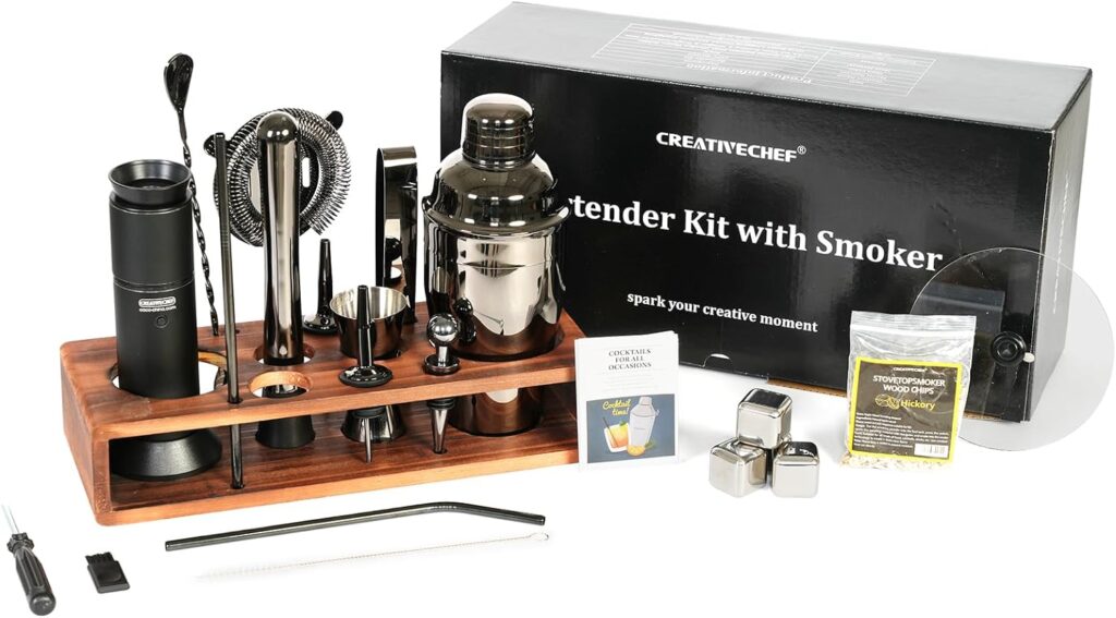 CREATIVECHEF Bartender Kit with Cocktail Smoker, 16 Pieces Whiskey Smoker Kit, Bar Set with Cocktail Shaker, Bartending Kit with Essential Bar Accessory Tools, Wood Chips, Black