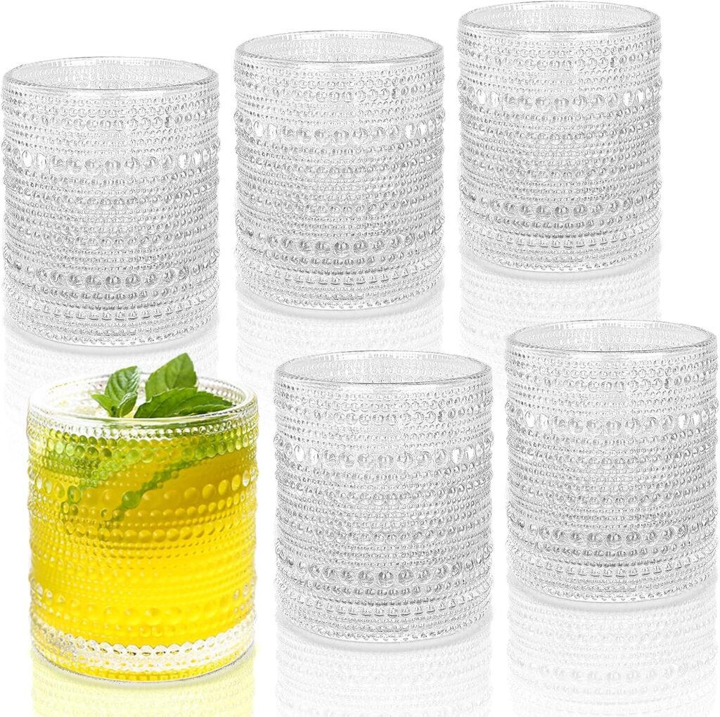 JPPSUJJ Cocktail Glasses 10 oz Hobnail Drinking Glasses Set of 6, Vintage Glassware, Textured Glass Cups Bubble Glasses Water Glasses Old Fashion Jupiter Glasses Set, Clear