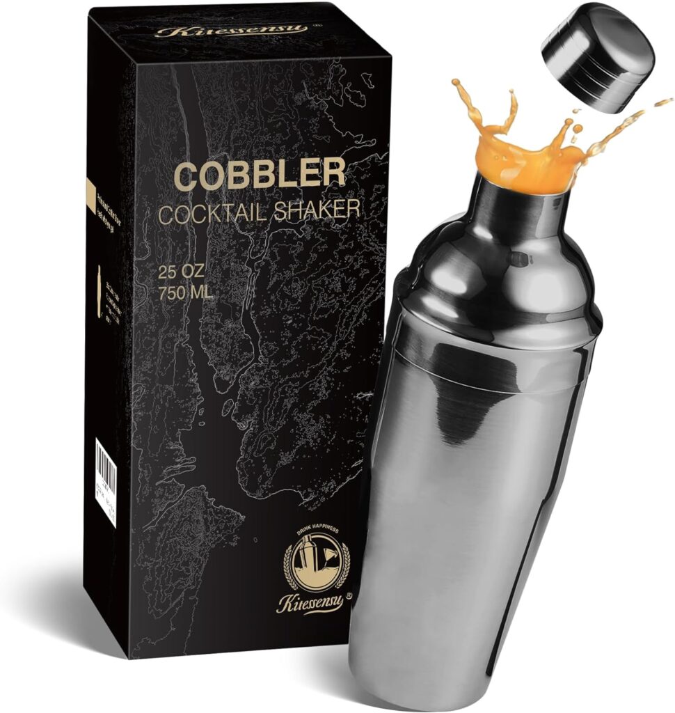 KITESSENSU Cobbler Cocktail Shaker - 25 OZ Martini Shaker with Strainer - Premium 18/8 Stainless Steel Drink Mixing Shaker with Recipes Booklet - Silver