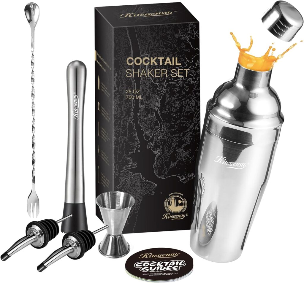 KITESSENSU Cocktail Shaker Set with Velvet Bag, 7 Pieces Bartender Kit: 25 oz Martini Shaker, Jigger, Muddler, 2 Liquor Pour Spouts, Bar Spoon, Recipes Booklet - Silver