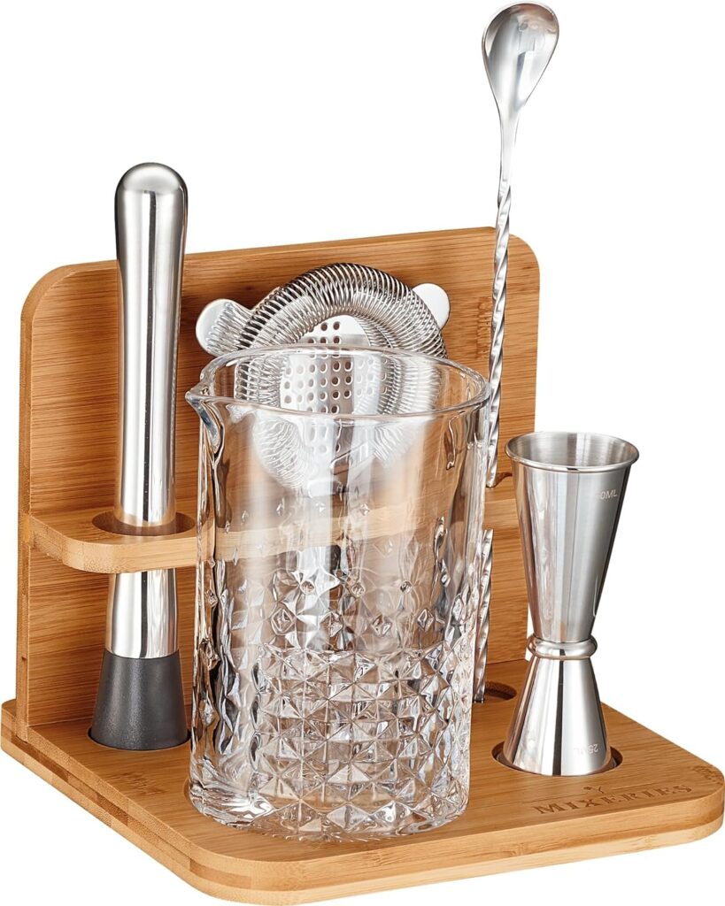 Mixeries Crystal Cocktail Mixing Glass Set with Bamboo Stand - 22 Oz 650ml - Thick and Sturdy Bottom, Durable and Seamless Design with Bar Accessories