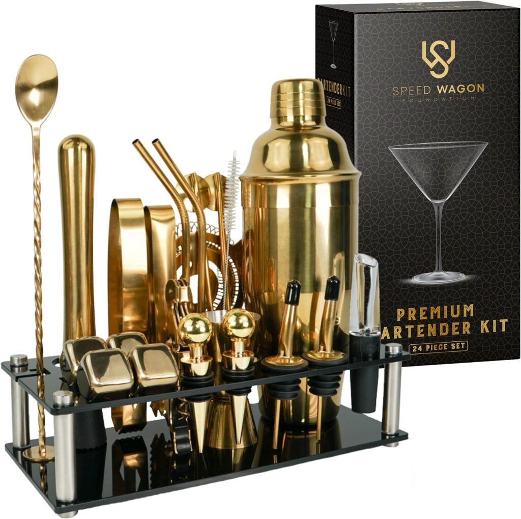 Mixology Bartender Kit – 24 Piece Silver Cocktail Shaker Set w/Stand – Essential Home Bar Accessories Martini Shaker, Jigger, Muddler, Chilling Cubes More