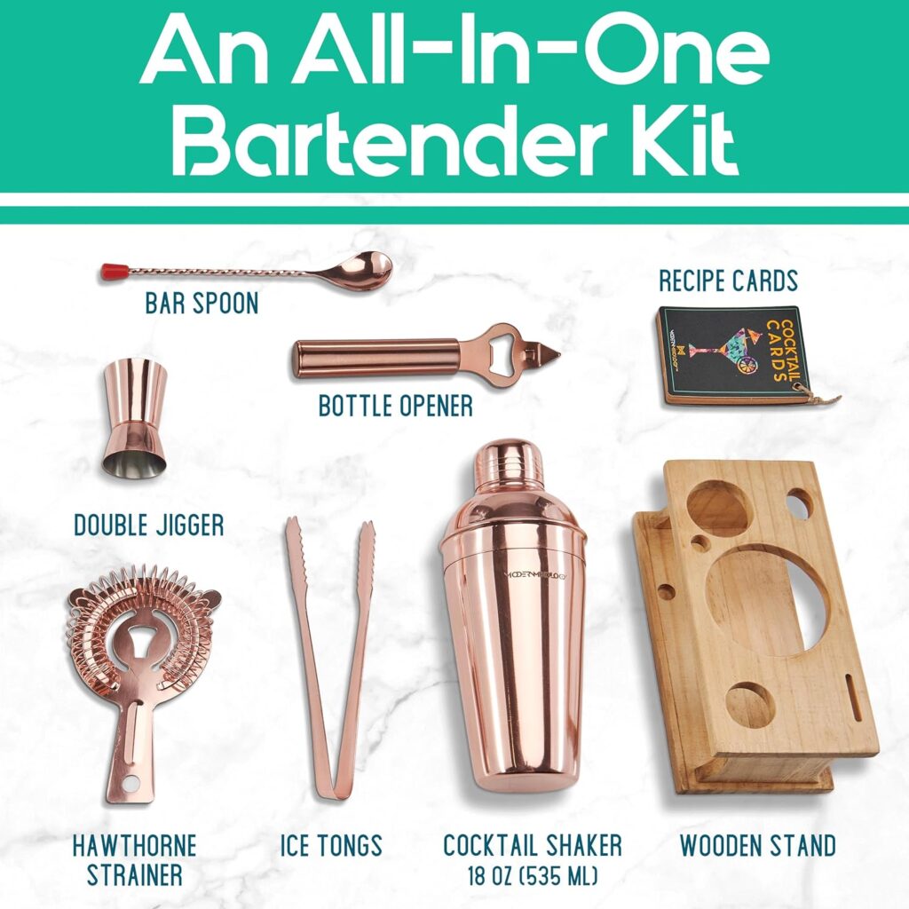 Mixology Bartender Kit - 8-Piece Cocktail Shaker Set with Wood Stand, Recipe Cards, and Bar Accessories Ideas (Black Matte)