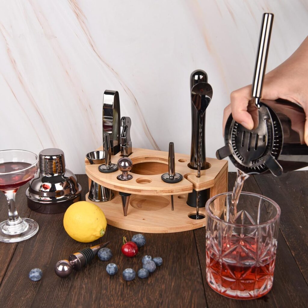 Quilamix Cocktail Shaker Set with Stylish Bamboo Stand, 12 Piece 25oz Bartender Kit for Mixed Drink, Professional Stainless Steel Bar Tool Set with Cocktail Recipes Bookle, Gift for Man Dad Friend