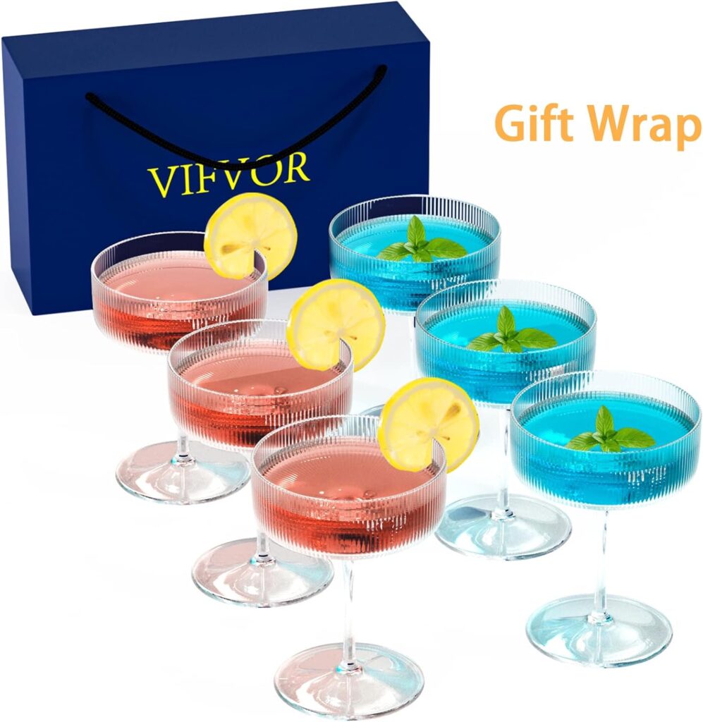 VIFVOR 6 Pcs Ribbed Coupe Cocktail Glasses, 10 oz Classic Margarita Glass Set with Gift Box Packaging Elegant Hand Blown Manhattan Goblet for Cocktail, Champagne, Bar and Gift