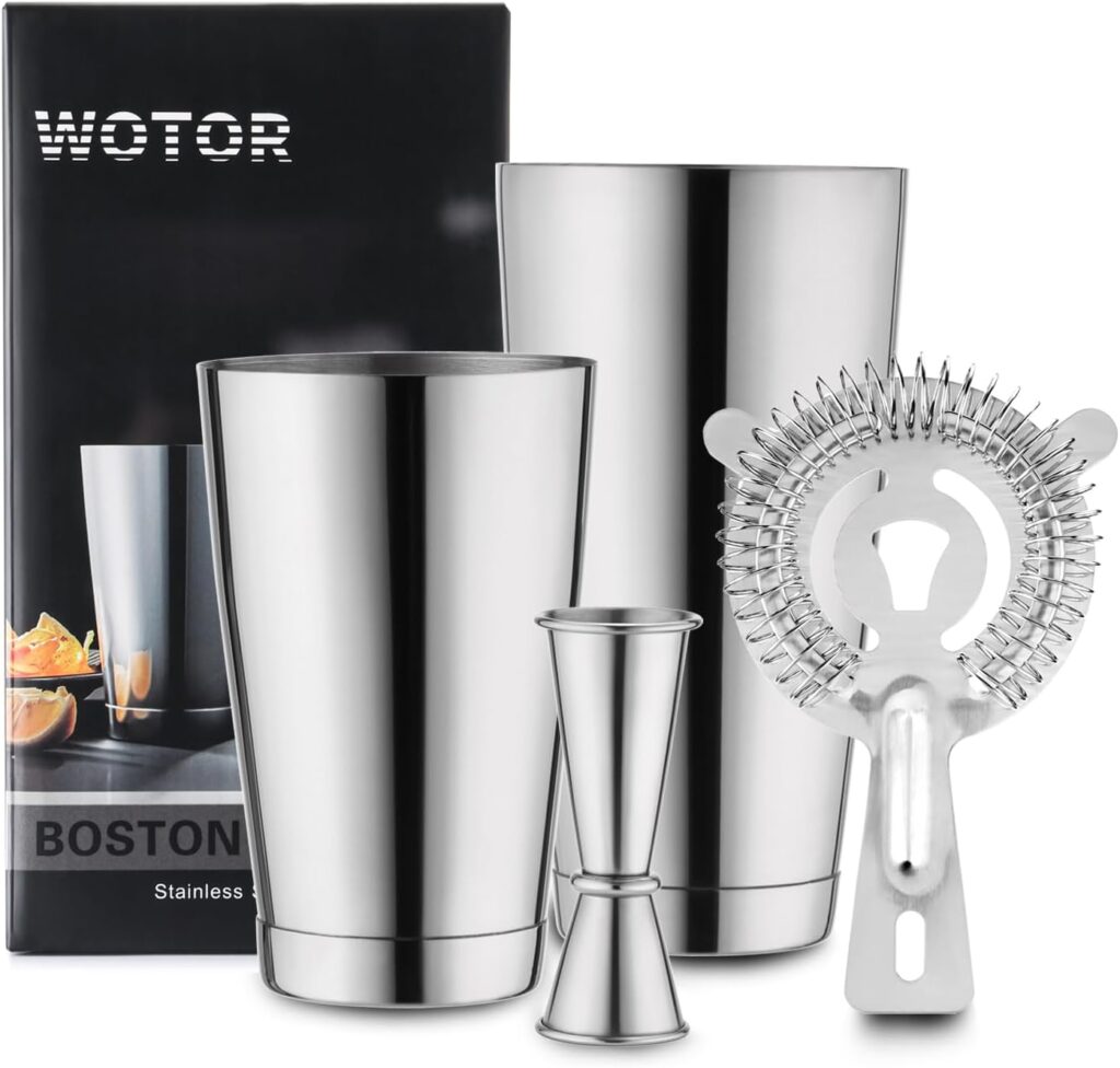 WOTOR Boston Cocktail Shaker Set, 18 oz  28 oz Stainless Steel Weighted Shaker Tins, Metal Martini Shaker Drink Mixer for Bartending, professional Bar Tools for Bartender （Sliver）