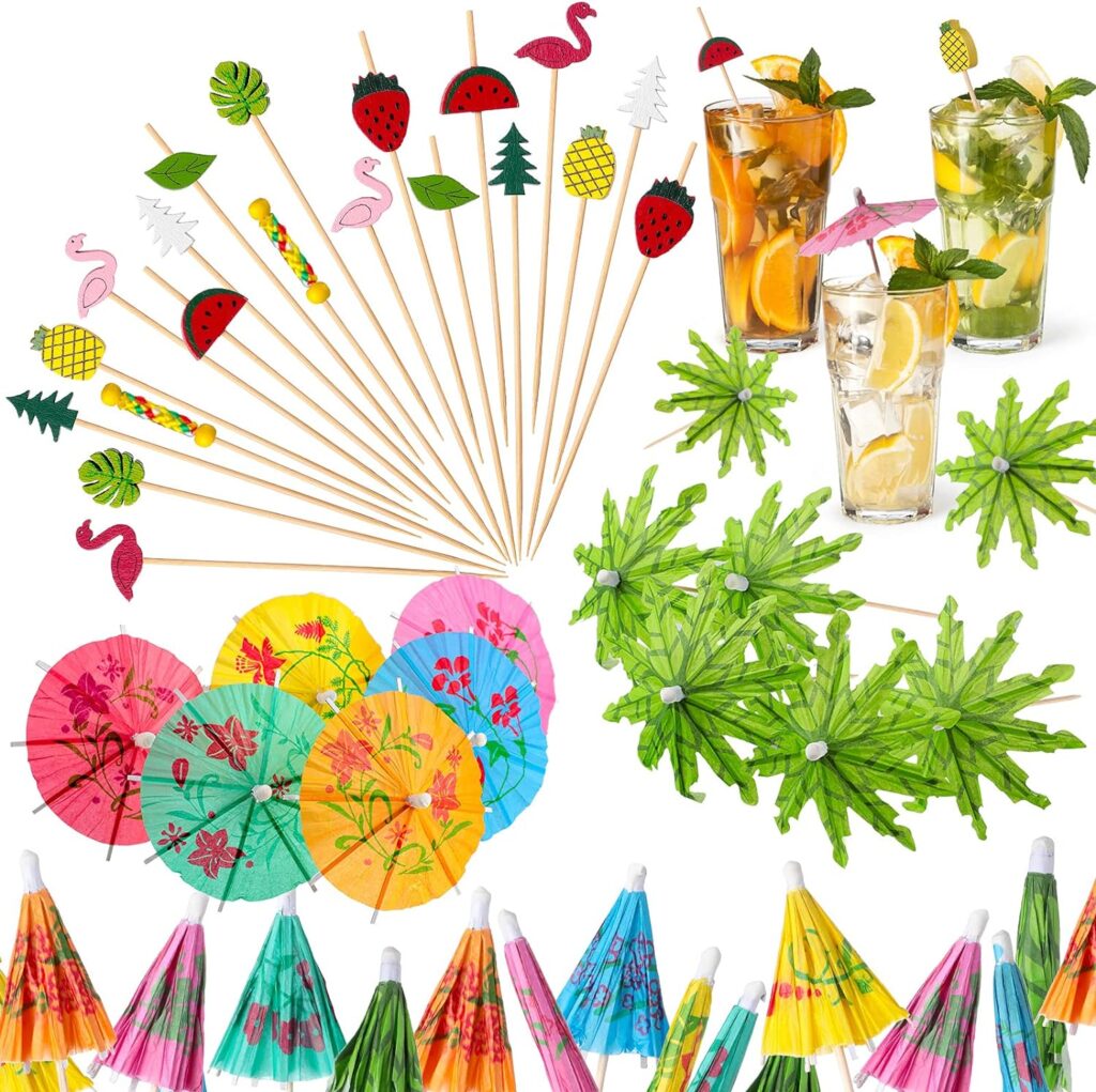 160 Pieces Cocktail Picks 4.7 Inch Fruit Sticks Bamboo Toothpicks Green Tropical Coconut Palm Summer Day Paper Umbrellas and Colorful Drink Umbrellas for Luau Hawaii Beach Party (Mixed Style)