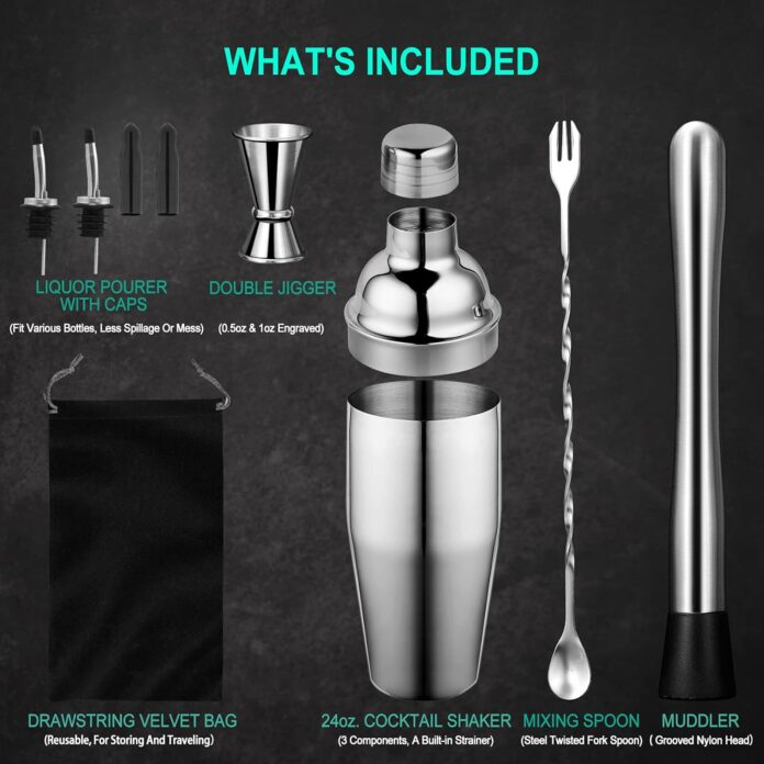 24 oz cocktail shaker set bartender kit by aozita stainless steel martini shaker mixing spoon muddler measuring jigger l 3