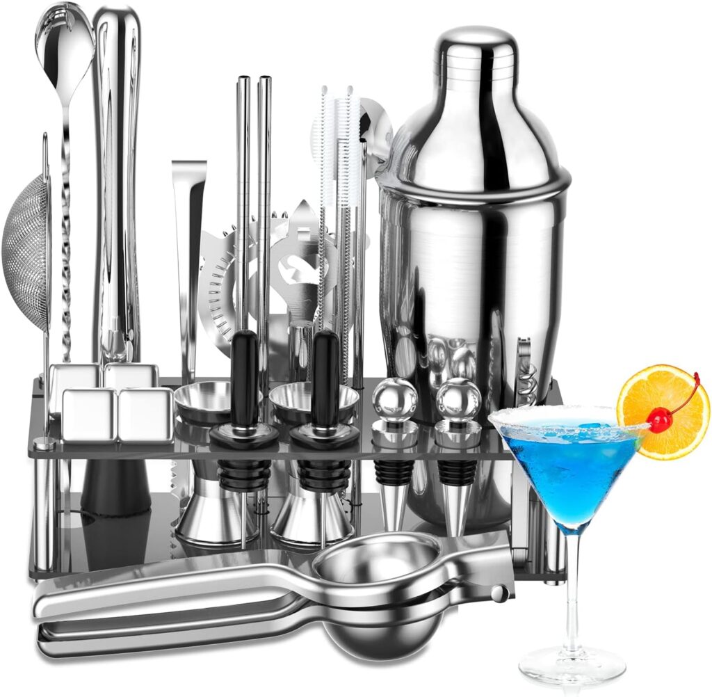 30-Piece Cocktail Shaker Set Stainless Steel Bartender Kit with Acrylic Stand  Cocktail Recipes Booklet, Bar Sets for Home, Professional Bar Tools for Drink Mixing, Party, Include 4 Whiskey Stones