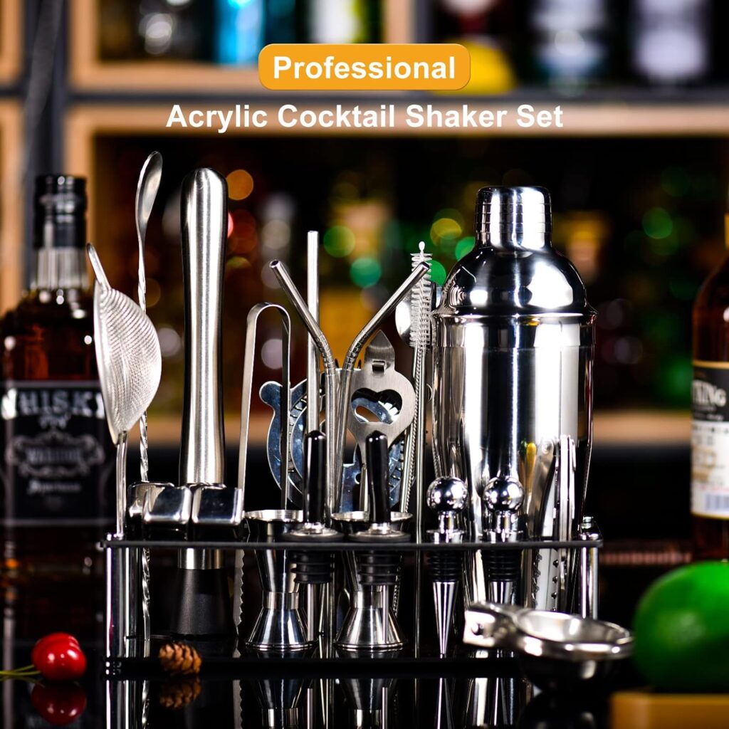 30-Piece Cocktail Shaker Set Stainless Steel Bartender Kit with Acrylic Stand  Cocktail Recipes Booklet, Bar Sets for Home, Professional Bar Tools for Drink Mixing, Party, Include 4 Whiskey Stones