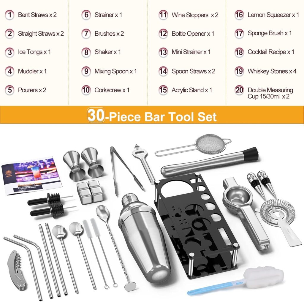 30-Piece Cocktail Shaker Set Stainless Steel Bartender Kit with Acrylic Stand  Cocktail Recipes Booklet, Bar Sets for Home, Professional Bar Tools for Drink Mixing, Party, Include 4 Whiskey Stones