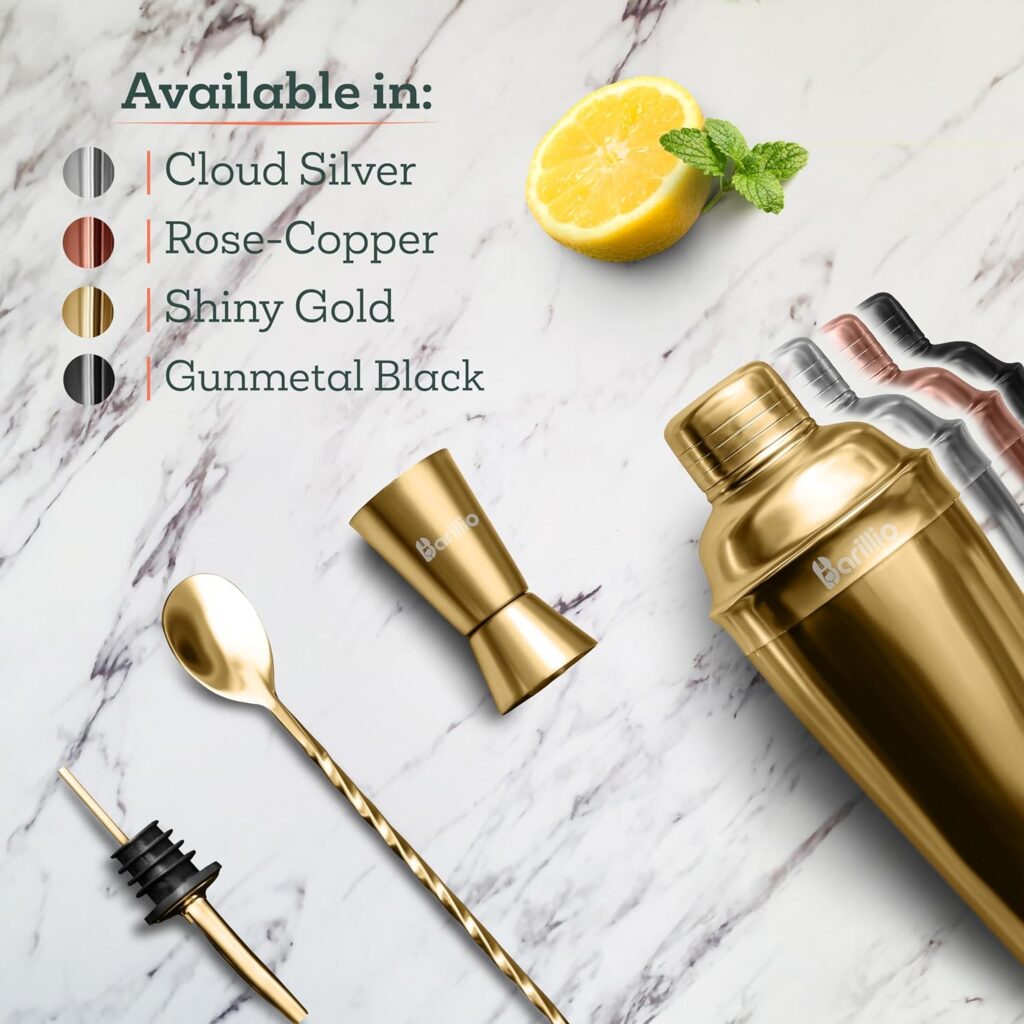 barillio Elite Cocktail Shaker Set Bartender Kit 24 oz Stainless Steel Martini Mixer, Muddler, Mixing Spoon, Jigger, 2 Liquor pourers, Velvet Bag, Recipes Booklet  eBook