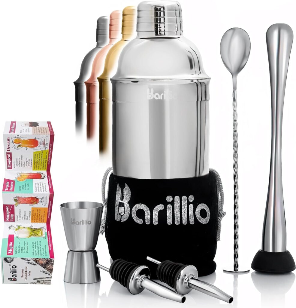 barillio Elite Cocktail Shaker Set Bartender Kit 24 oz Stainless Steel Martini Mixer, Muddler, Mixing Spoon, Jigger, 2 Liquor pourers, Velvet Bag, Recipes Booklet  eBook