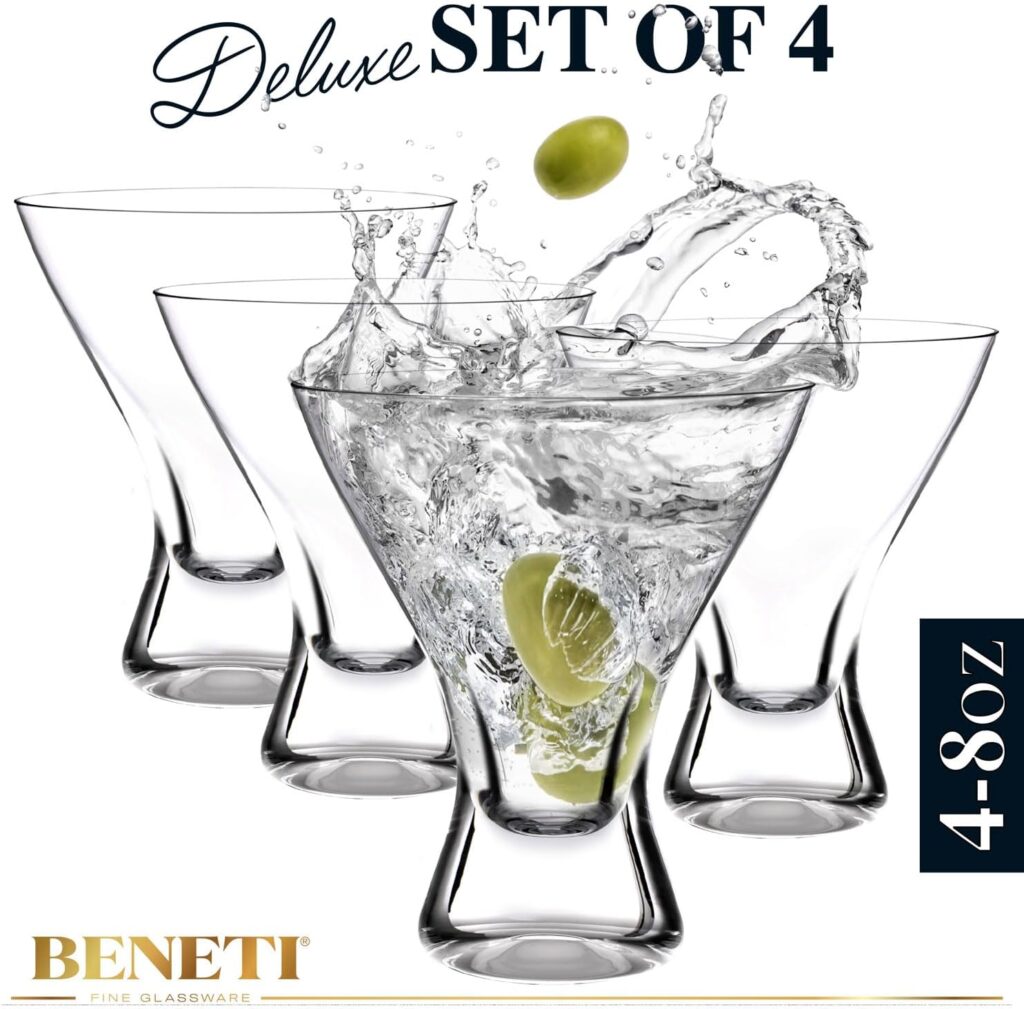 BENETI Martini Glasses Set of 4 | Made in Europe | 8oz Clear Stemless Cocktail Bar Glasses Set for Parties | Great Christmas Gift Idea for Men  Women for All Holidays or Birthdays