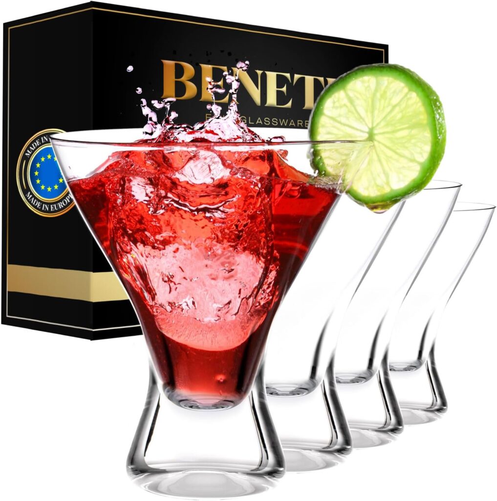 BENETI Martini Glasses Set of 4 | Made in Europe | 8oz Clear Stemless Cocktail Bar Glasses Set for Parties | Great Christmas Gift Idea for Men  Women for All Holidays or Birthdays