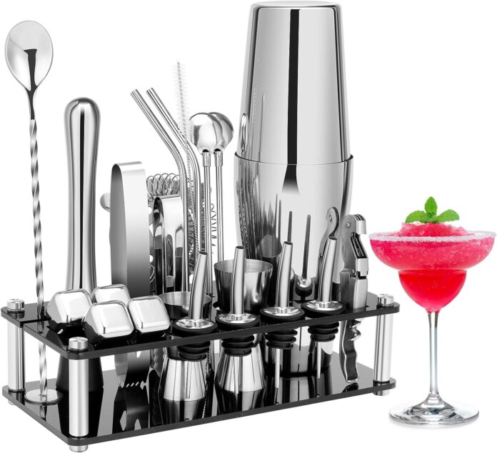 cocktail shaker set 23 piece boston stainless steel bartender kit with acrylic stand cocktail recipes booklet profession