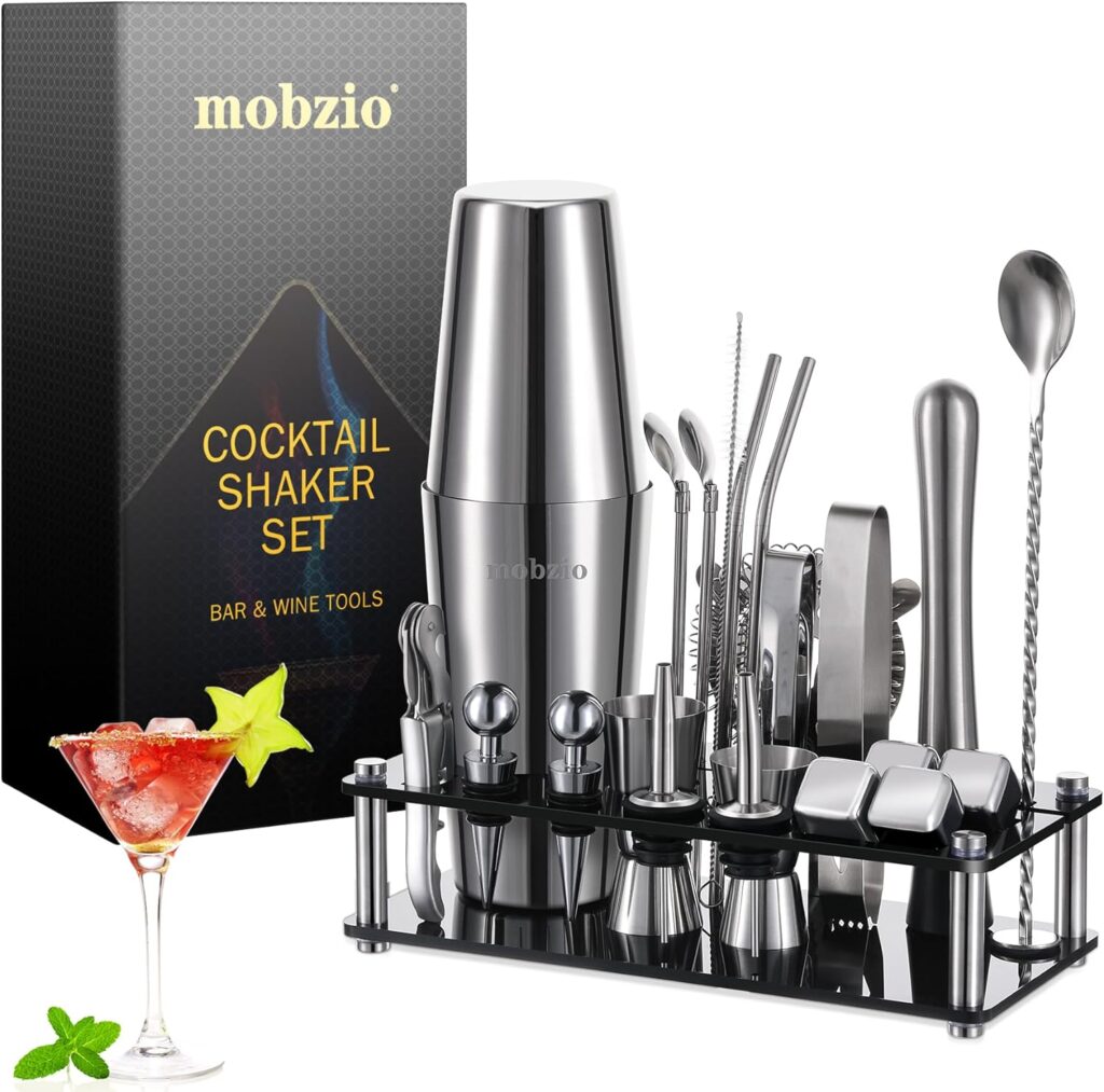 Cocktail Shaker Set Bartender Kit, 23 PCS Boston Shaker Tool Set with Stand, Drink Mixer Martini Shaker Bartending Kit, Bar Tools Bartender Tool Kit, mobzio Bar Accessories for The Home Bar Set