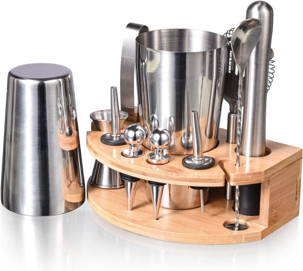 Esmula Bartender Kit with Stylish Bamboo Stand, 12 Piece 20oz/25oz Boston Cocktail Shaker Set for Mixed Drink, Professional Stainless Steel Bar Tool Set, Gift for Man Dad- Cocktail Recipes Booklet