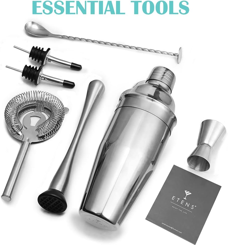 ETENS Cocktail Shaker Set Stainless Steel  Bar Set, Bartender Kit Mixology Drink Mixer, Bartending Tools Gifts: Martini Shaker 24oz, Muddler, Strainer, Measuring Jigger, Alcohol Pourer, Mixing Spoon