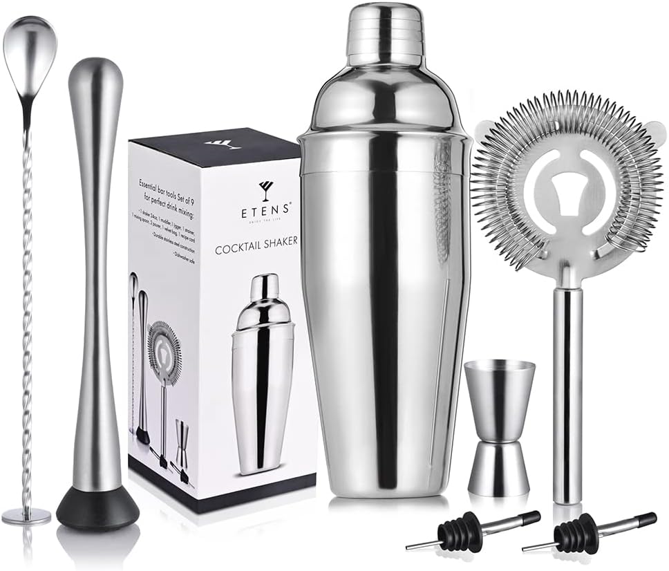 ETENS Cocktail Shaker Set Stainless Steel  Bar Set, Bartender Kit Mixology Drink Mixer, Bartending Tools Gifts: Martini Shaker 24oz, Muddler, Strainer, Measuring Jigger, Alcohol Pourer, Mixing Spoon