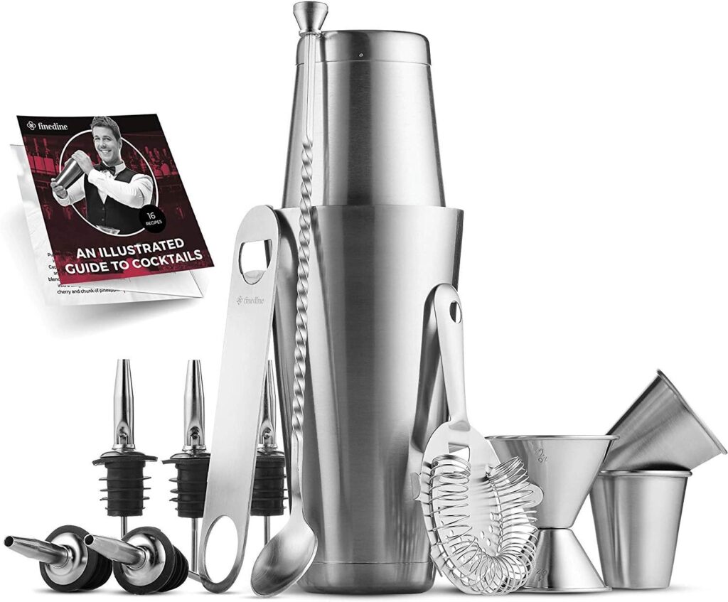 Expert Cocktail Shaker Home Bar Set - 14 Piece Stainless Steel Bar Tools Kit with Shaking Tins, Flat Bottle Opener, Double Bar Jigger, Hawthorne Strainer, Shot Glasses, Bar Spoon, and 6 Pour Spouts.