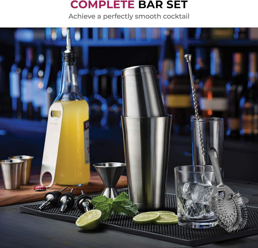 Expert Cocktail Shaker Home Bar Set - 14 Piece Stainless Steel Bar Tools Kit with Shaking Tins, Flat Bottle Opener, Double Bar Jigger, Hawthorne Strainer, Shot Glasses, Bar Spoon, and 6 Pour Spouts.