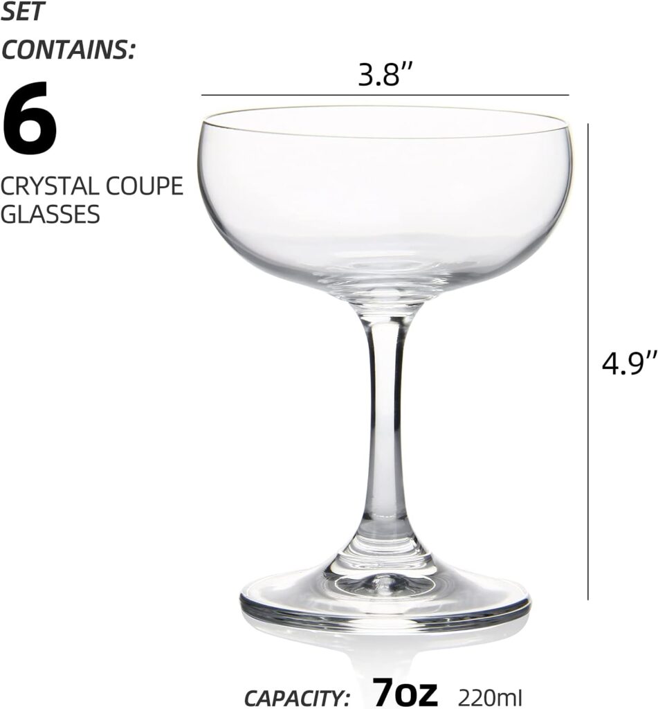 FAWLES Crystal Coupe Glasses, Set of 6, 7 Ounce(220ml), Elegant Short Stem Design, Clear Cocktail Glasses Sets Perfect for Drinking Champagne, Sweet Wine, etc.