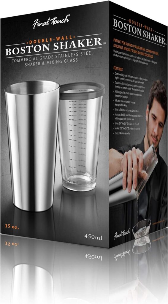 Final Touch Double Wall Boston Shaker with Silicone Seal and Ounce/Milliliter Measurements (FTA1852)