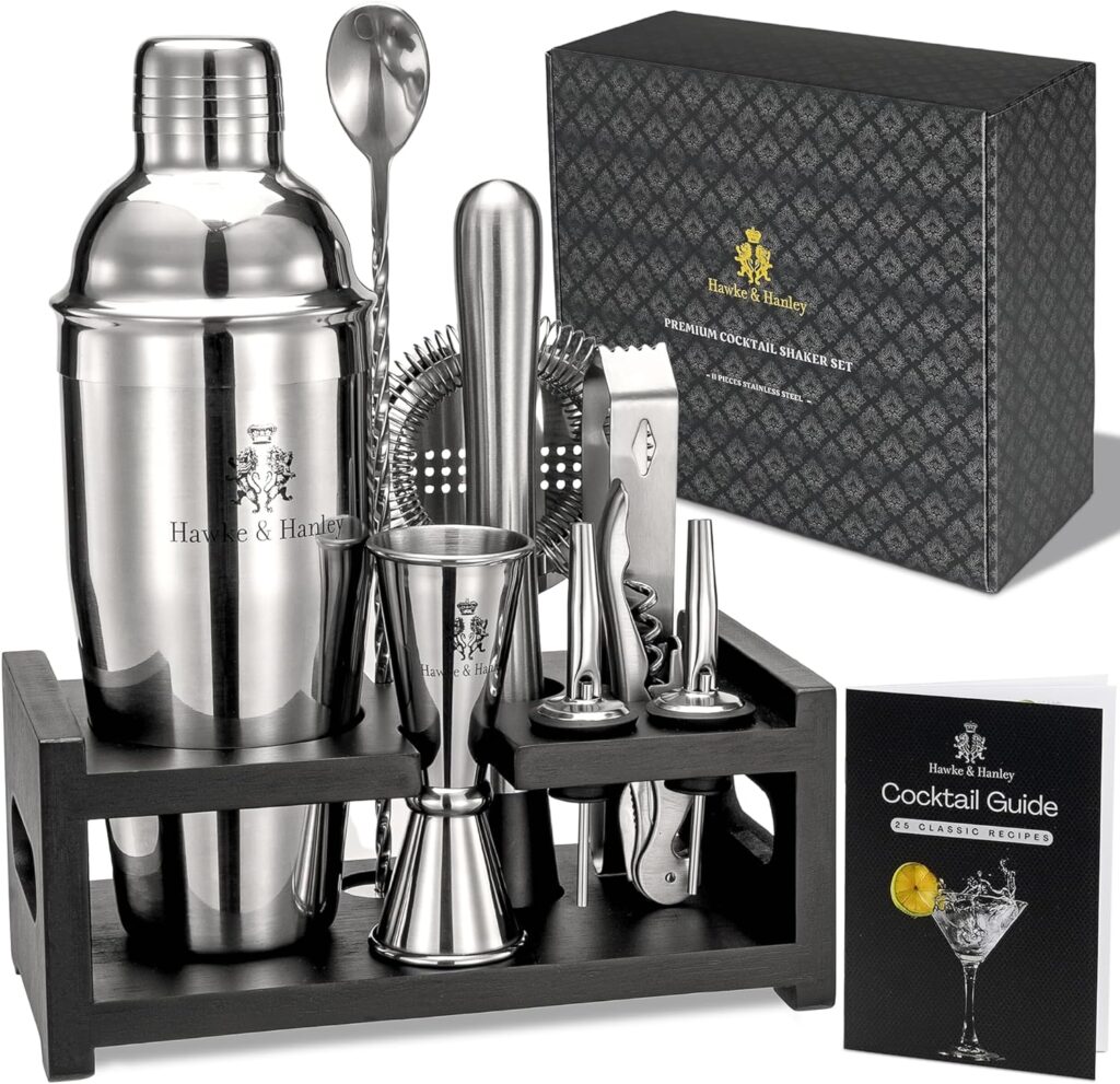 Hawke  Hanley Mixology Bartender Kit: Cocktail Shaker Bar Set with a Martini Shaker, Bar Tools and Black Bamboo Stand | Bartending Kit with Recipe Book | Unique Housewarming Gift (Silver)