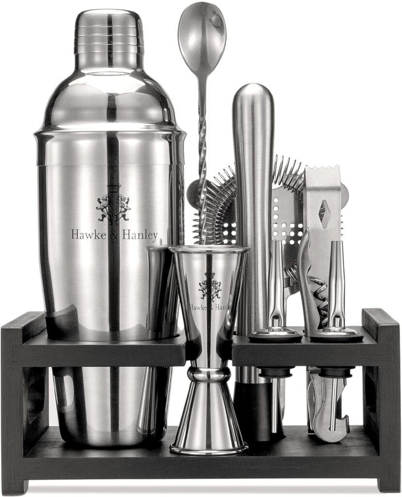 Hawke  Hanley Mixology Bartender Kit: Cocktail Shaker Bar Set with a Martini Shaker, Bar Tools and Black Bamboo Stand | Bartending Kit with Recipe Book | Unique Housewarming Gift (Silver)