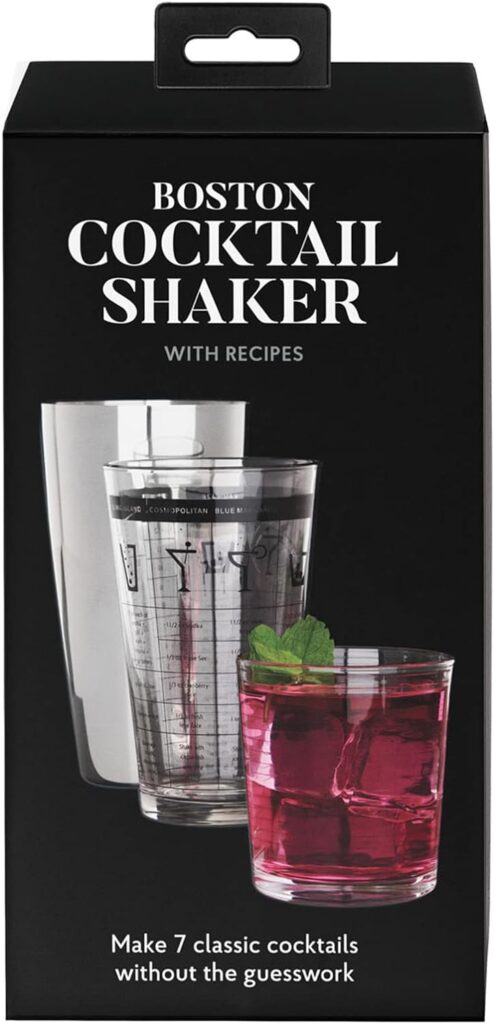 HIC Kitchen Bar Boston Cocktail Shaker and Mixer Glass Set with 7 Printed Recipes, Borosilicate Glass and 18/8 Stainless Steel