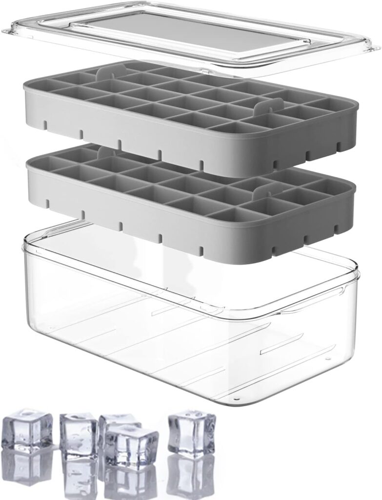 Ice Cube Tray with Lid and Bin, ROTTAY Ice Trays for Freezer, Easy-release 48 Small Nugget Silicone Ice maker with Ice Bucket, Ice Cube Storage Container Set for Chilled Drink, Cocktail,Gray…