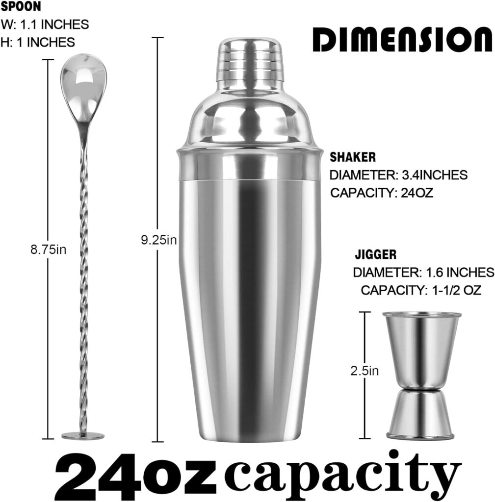 Large 24oz Cocktail Shaker Set, Stainless Steel 18/8 Martini Mixer Shaker with Built-in Strainer, Measuring Jigger  Mixing Spoon, Martini Shaker Set, Perfect for Bartender and Home Use, Gold