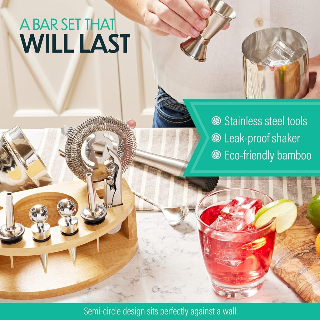 Mixology Bartender Kit: 13-Piece Bar Tool Set with Circular Bamboo Stand | Perfect Home Bartending Kit and Martini Cocktail Shaker Set | Gifts for Men