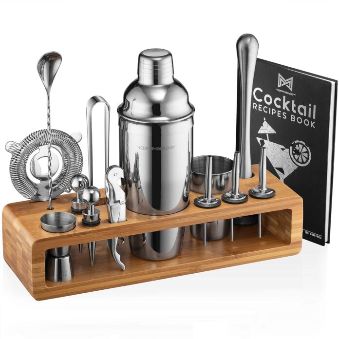 mixology bartender kit 23 piece bar set cocktail shaker set with stylish bamboo stand perfect for home bar tools bartend