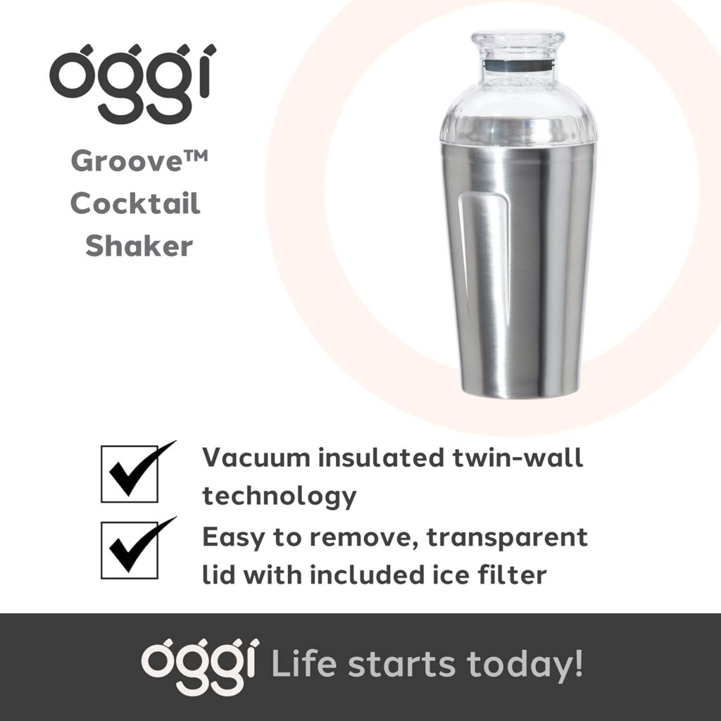 OGGI Groove Insulated Cocktail Shaker-16oz Double Wall Vacuum Insulated Stainless Steel Shaker, Tritan Lid has Built In Strainer, Ideal Cocktail Mixer, Martini Shaker, Margarita Shaker, Charcoal