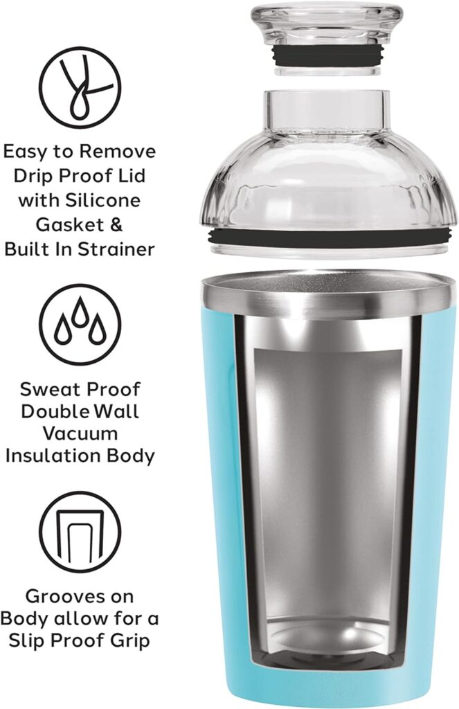 OGGI Groove Insulated Cocktail Shaker-16oz Double Wall Vacuum Insulated Stainless Steel Shaker, Tritan Lid has Built In Strainer, Ideal Cocktail Mixer, Martini Shaker, Margarita Shaker, Charcoal