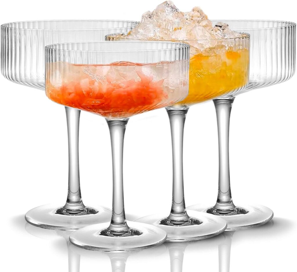 Qipecedm 4 Pcs Ribbed Coupe Glasses, 10 oz Vintage Cocktail Coupe Glasses Set, Unique Martini Glass, Classic Cocktail Galssware, Bar Drinking Glasses Set Pefect for Cocktail, Wine, Champagne  Gift