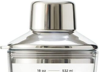 rabbit 18 oz glass cocktail shaker with printed measurements multi use stainless steel topper with 15 oz jigger cap and