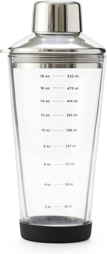 Rabbit 18 oz Glass Cocktail Shaker with Printed Measurements, Multi-Use Stainless Steel Topper with 1.5 oz Jigger Cap and Strainer, 3.94 x 3.54 x 9.06 IN