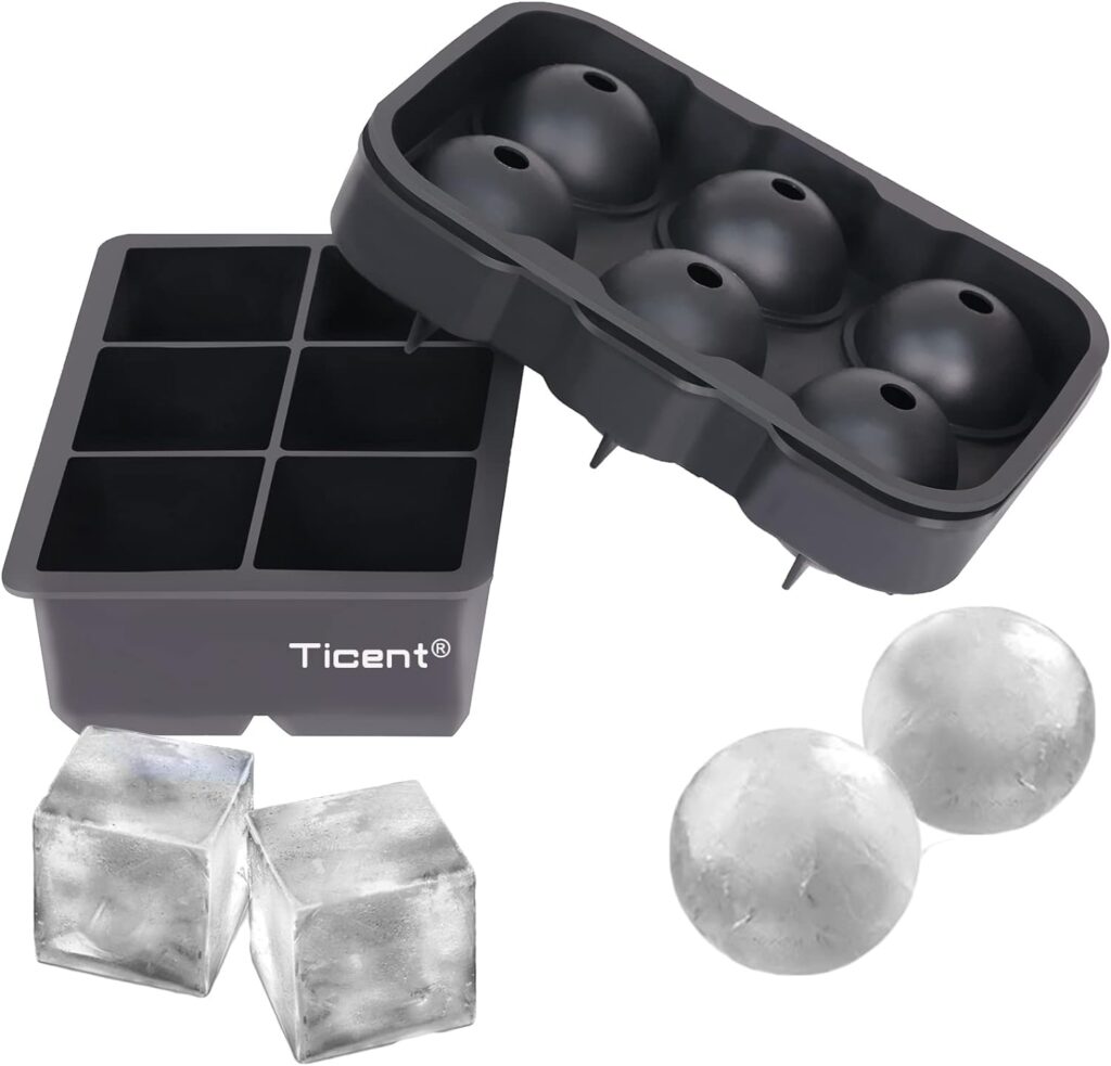 Ticent Ice Cube Trays (Set of 2), Silicone Sphere Whiskey Ice Ball Maker with Lids  Large Square Ice Cube Molds for Cocktails  Bourbon - Reusable  BPA Free