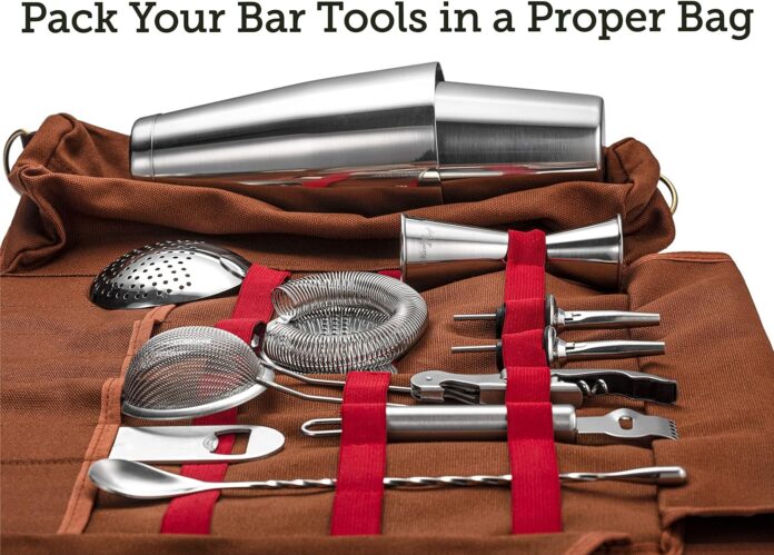 travel bartender kit bag professional 17 piece copper bar tool set with portable bar bag and shoulder strap for easy car 3