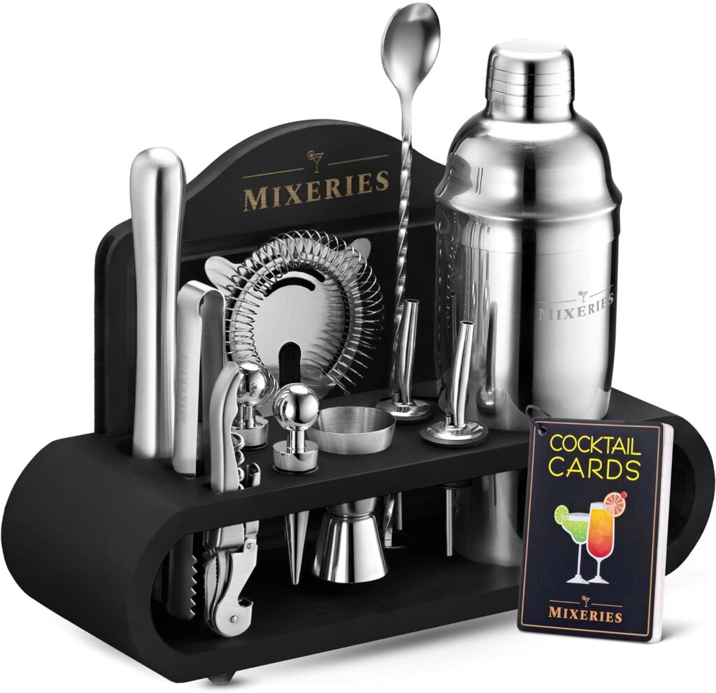 Valentines Day Gifts for Her, Him - Mixology Bartender Kit with Stand - 18 Piece Bar Set Cocktail Shaker Set, Drink Mixer Set for Home Bar with All Bar Accessories - Bar Tool Set, Cocktail Kit (Black)