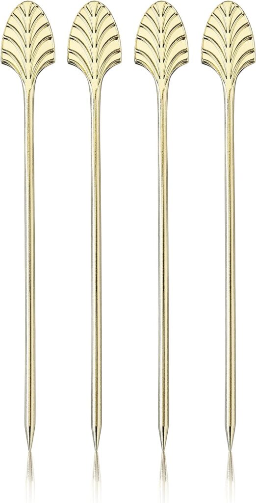 Viski Gold Art Deco Cocktail Picks, Stainless Steel Cocktail Picks for Drinks, Garnish Picks, Cocktail Skewers, Barware Accessories, 5in, Set of 4